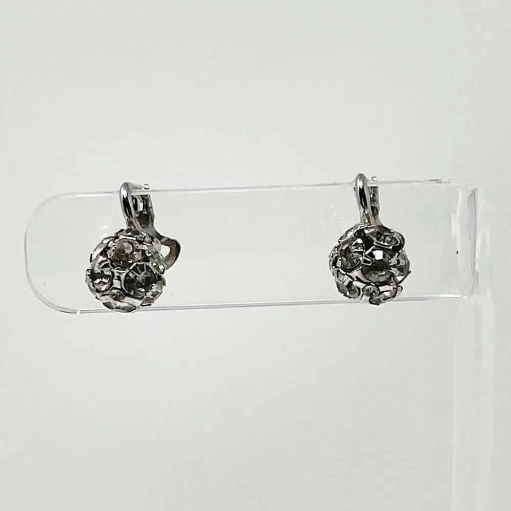 Vintage Costume Jewelry Clip On Silver Toned Disco Ball Earrings